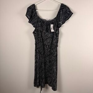 Rickis Black White Palm Print Plisse Off Shoulder Ruffle Dress HT1123-ONOFF L